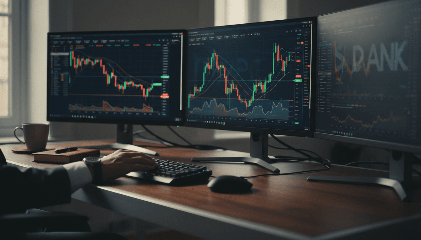 Professional trader monitoring live market data on multiple displays