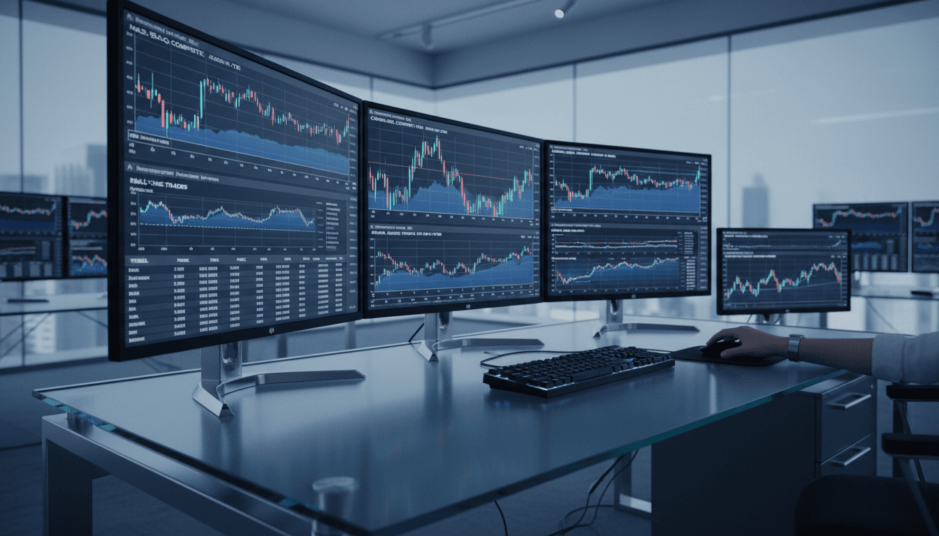 Professional trader workspace with multiple computer monitors displaying financial market data and charts