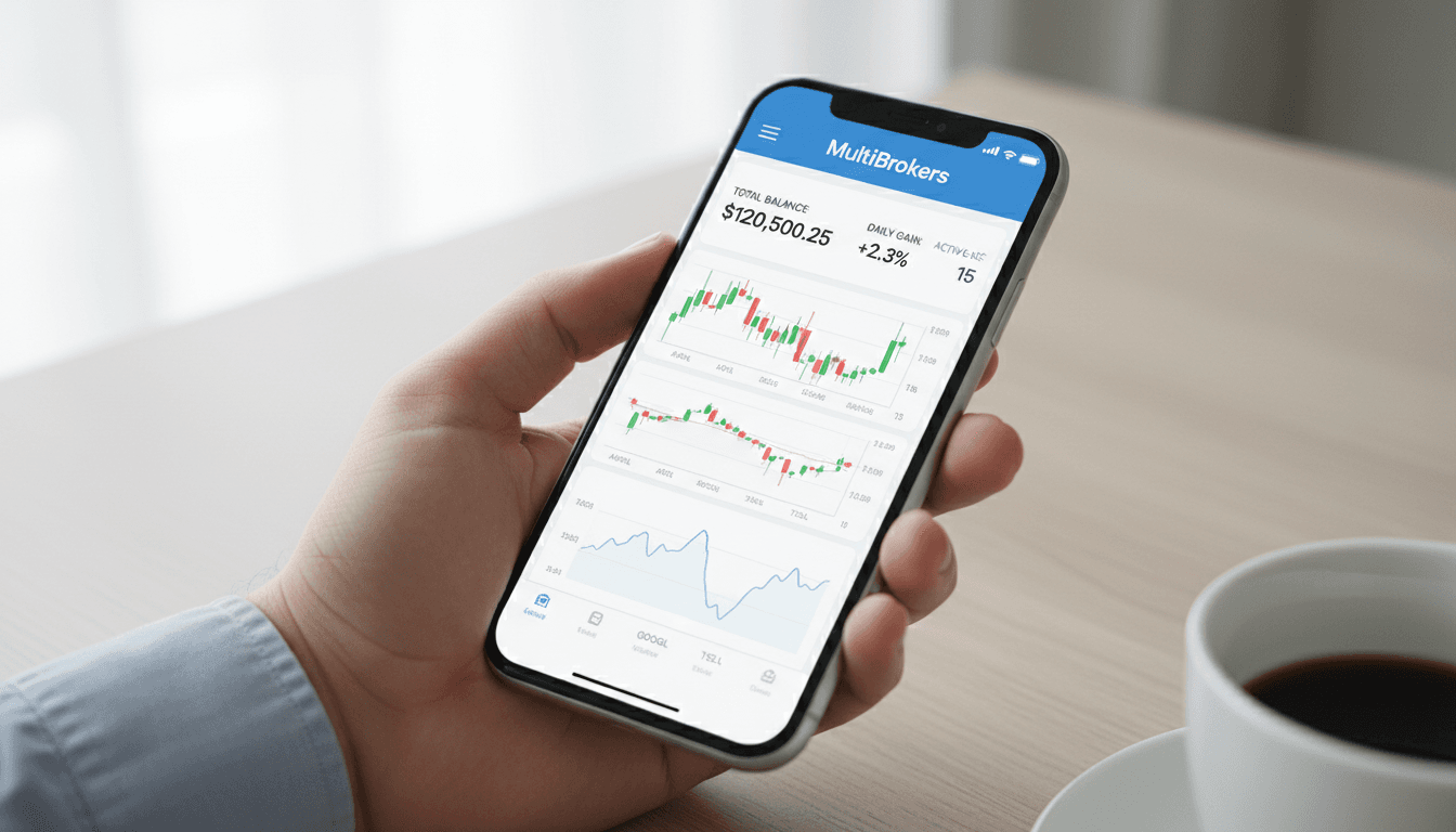MultiBrokers trading app displayed on a smartphone with live market data