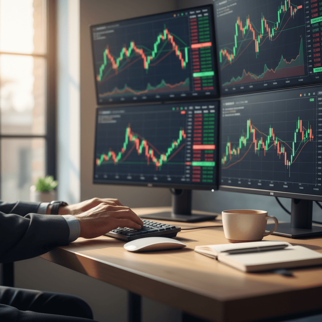 Professional trader monitoring live market data on multiple screens at a modern desk