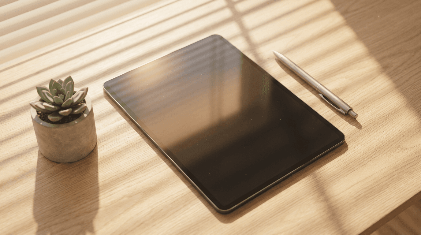 Close-up of portfolio dashboard on tablet with coffee and notebook on wooden desk