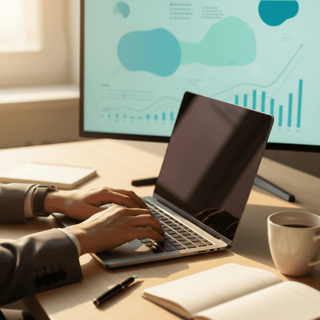 Professional investor analyzing trading charts on desktop monitor in modern workspace